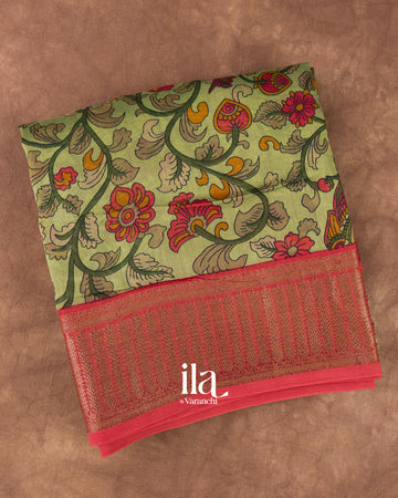 Pista Green Kalamkari Pure Chanderi Cotton Saree