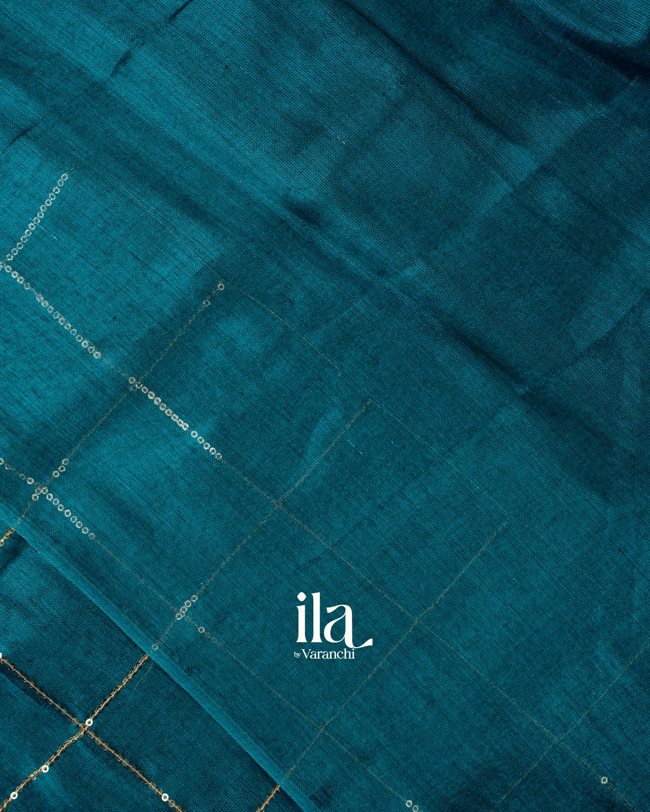Deep Teal  Sequence Checked Cotton Tissue Saree