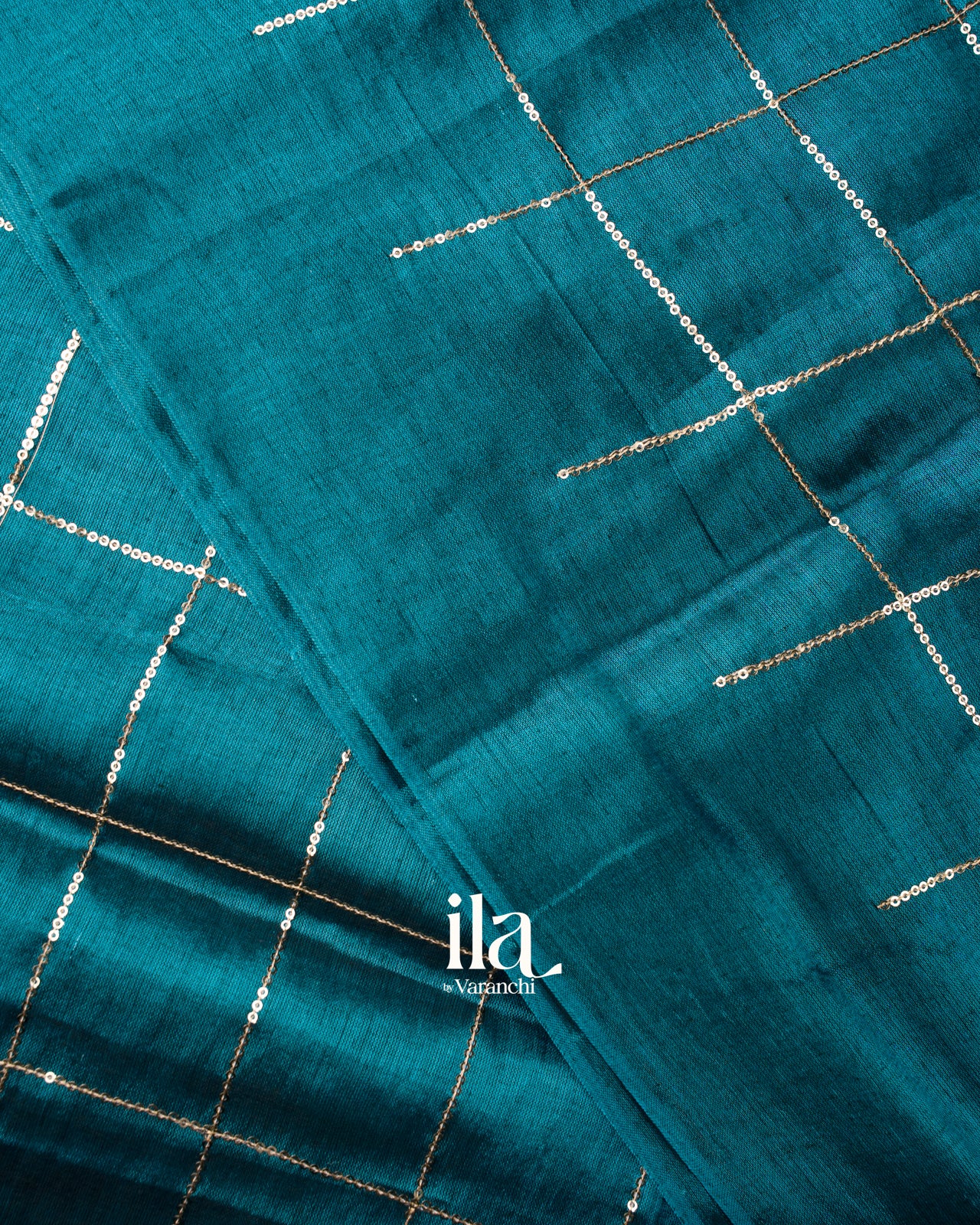 Deep Teal  Sequence Checked Cotton Tissue Saree