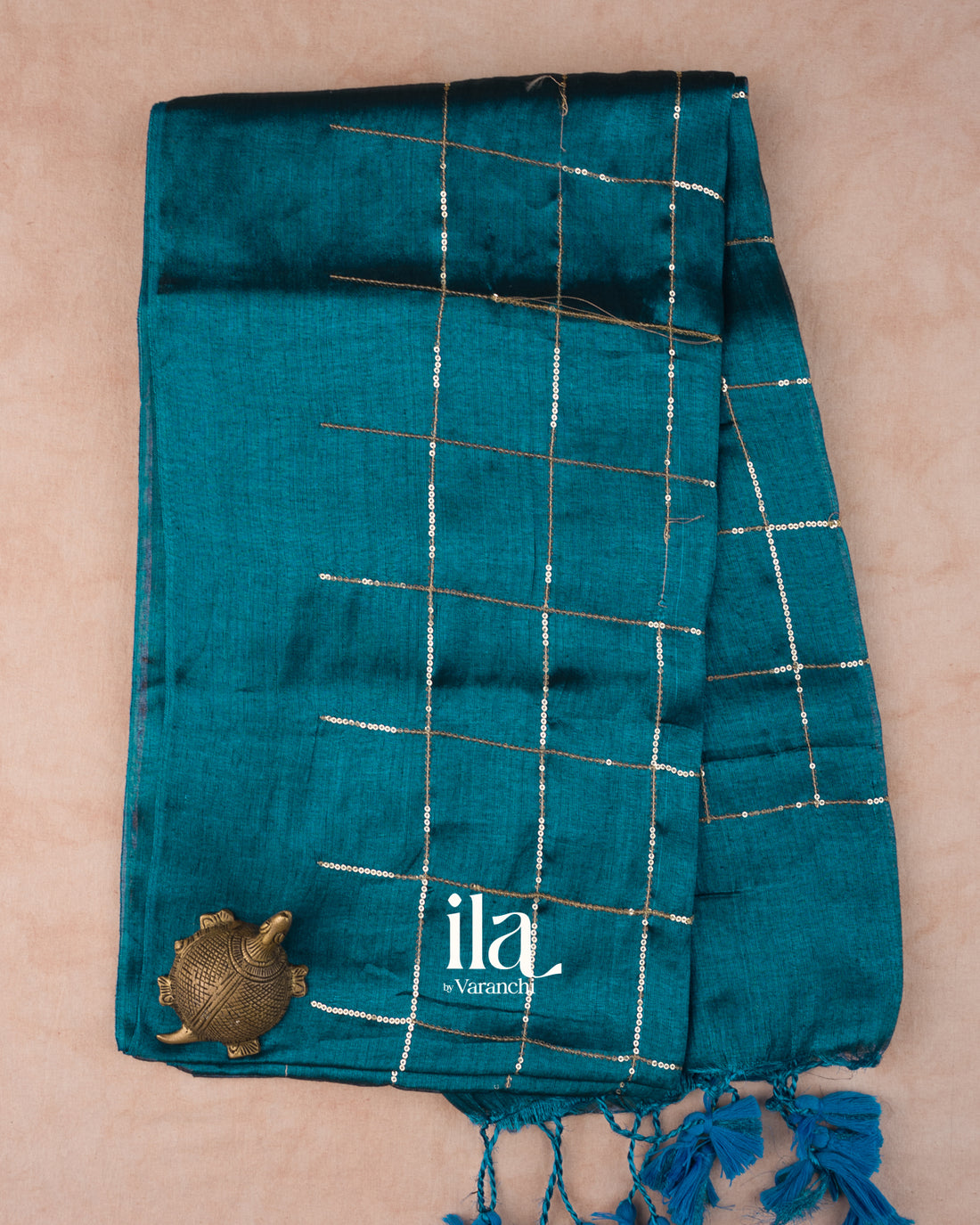 Deep Teal  Sequence Checked Cotton Tissue Saree