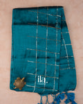 Deep Teal  Sequence Checked Cotton Tissue Saree