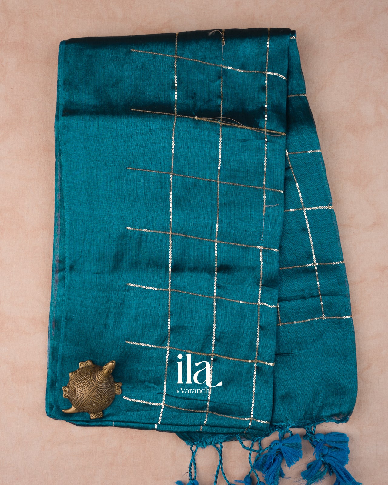 Deep Teal  Sequence Checked Cotton Tissue Saree