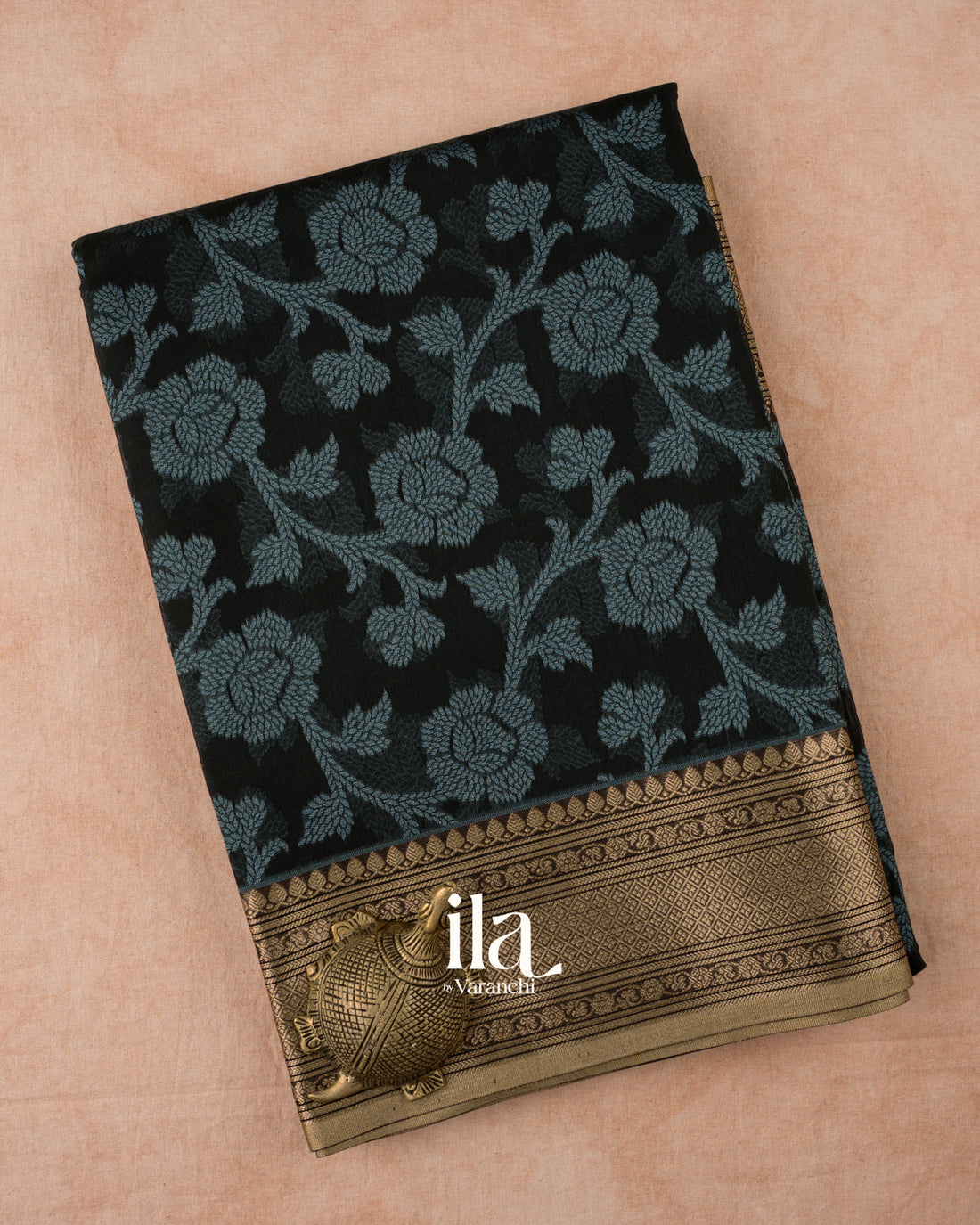 Jet Black Floral Printed Semi Chanderi Cotton Saree