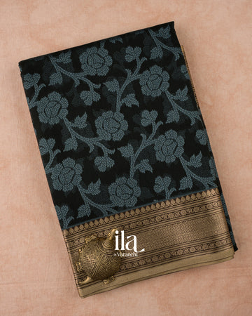 Jet Black Floral Printed Semi Chanderi Cotton Saree