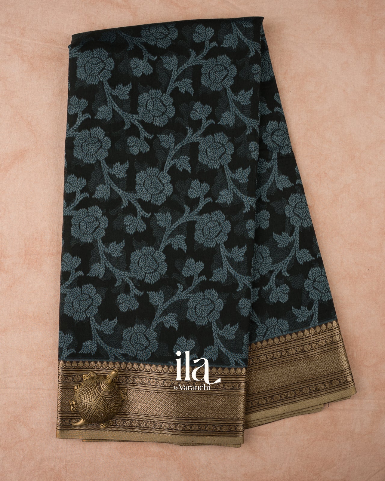 Jet Black Floral Printed Semi Chanderi Cotton Saree