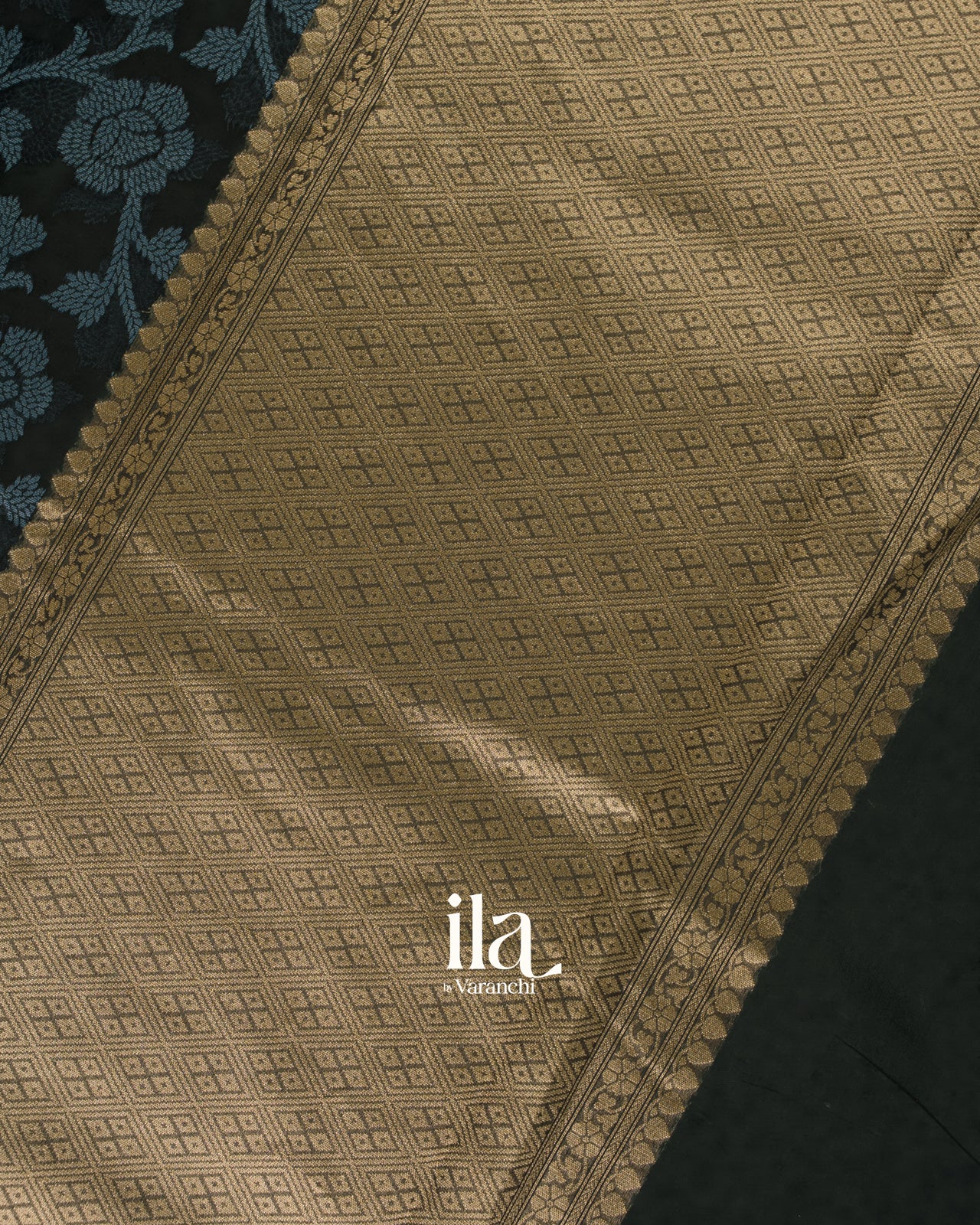 Jet Black Floral Printed Semi Chanderi Cotton Saree
