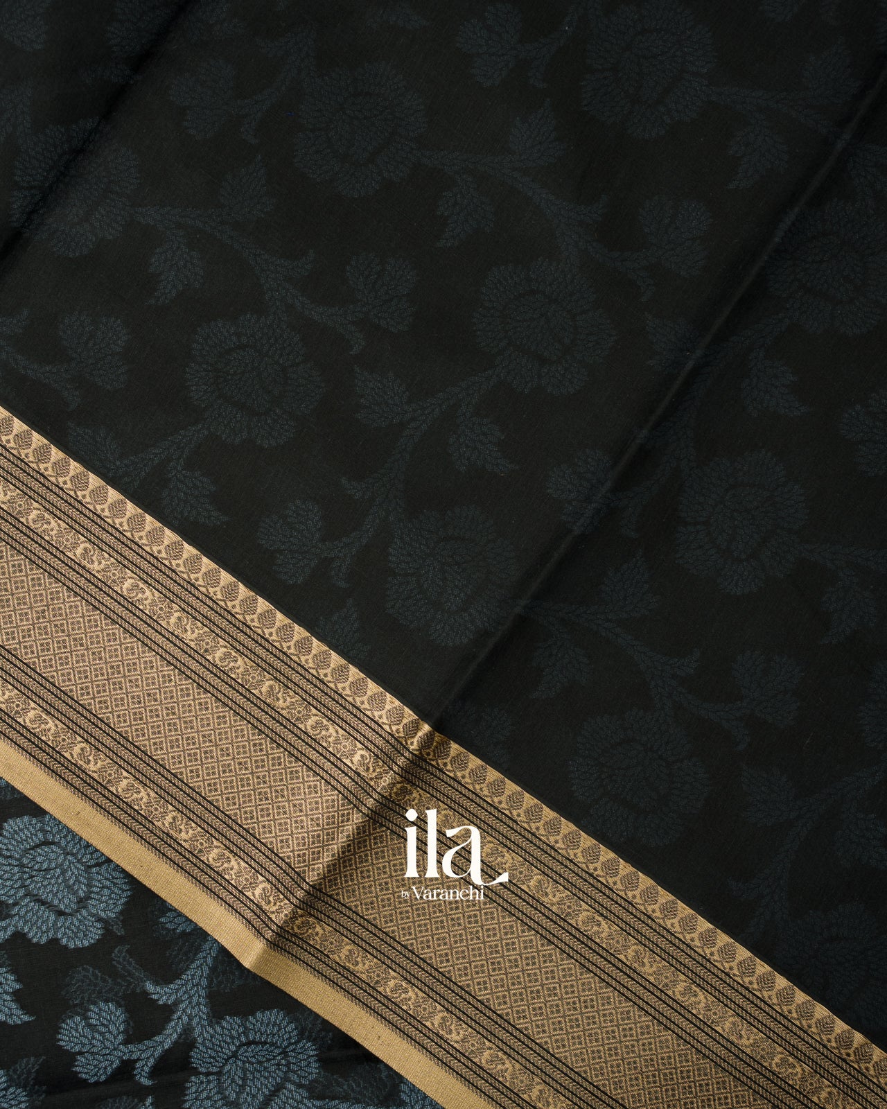 Jet Black Floral Printed Semi Chanderi Cotton Saree
