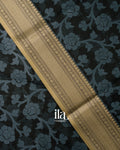 Jet Black Floral Printed Semi Chanderi Cotton Saree