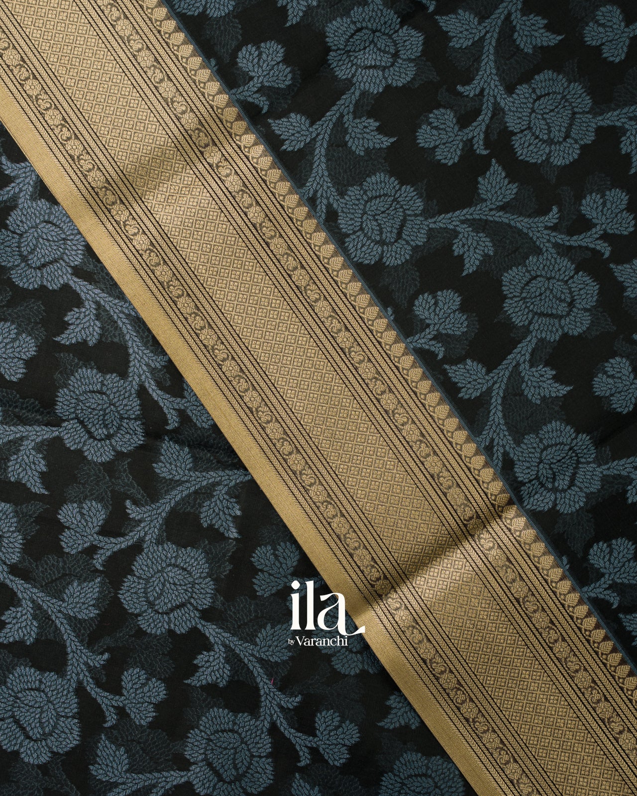 Jet Black Floral Printed Semi Chanderi Cotton Saree