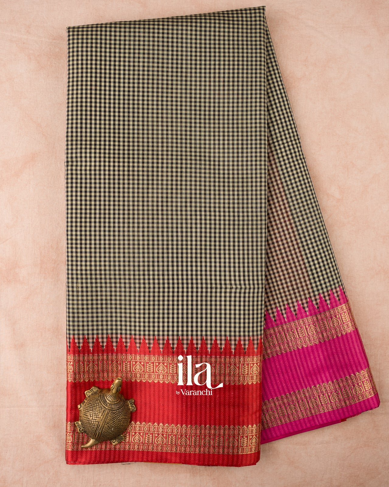 Black and White Checkered  Semi Chanderi Cotton Saree 