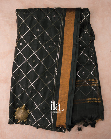 Charcol Black  Sequence Cross Checked Cotton Tissue Saree 