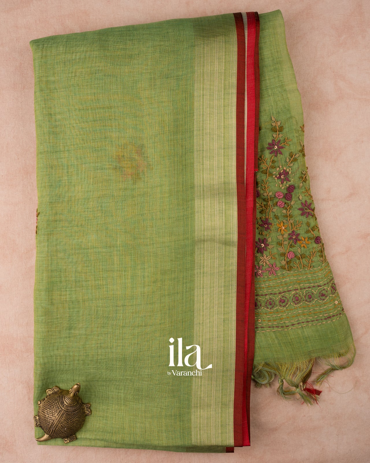 Mehandi Green French Knot Embroidered Linen Tissue Saree 