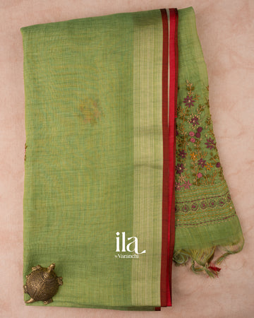Mehandi Green French Knot Embroidered Linen Tissue Saree 