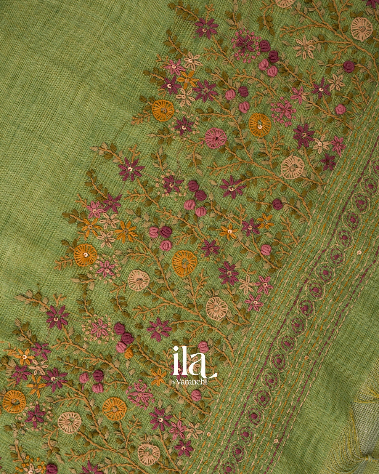 Mehandi Green French Knot Embroidered Linen Tissue Saree 