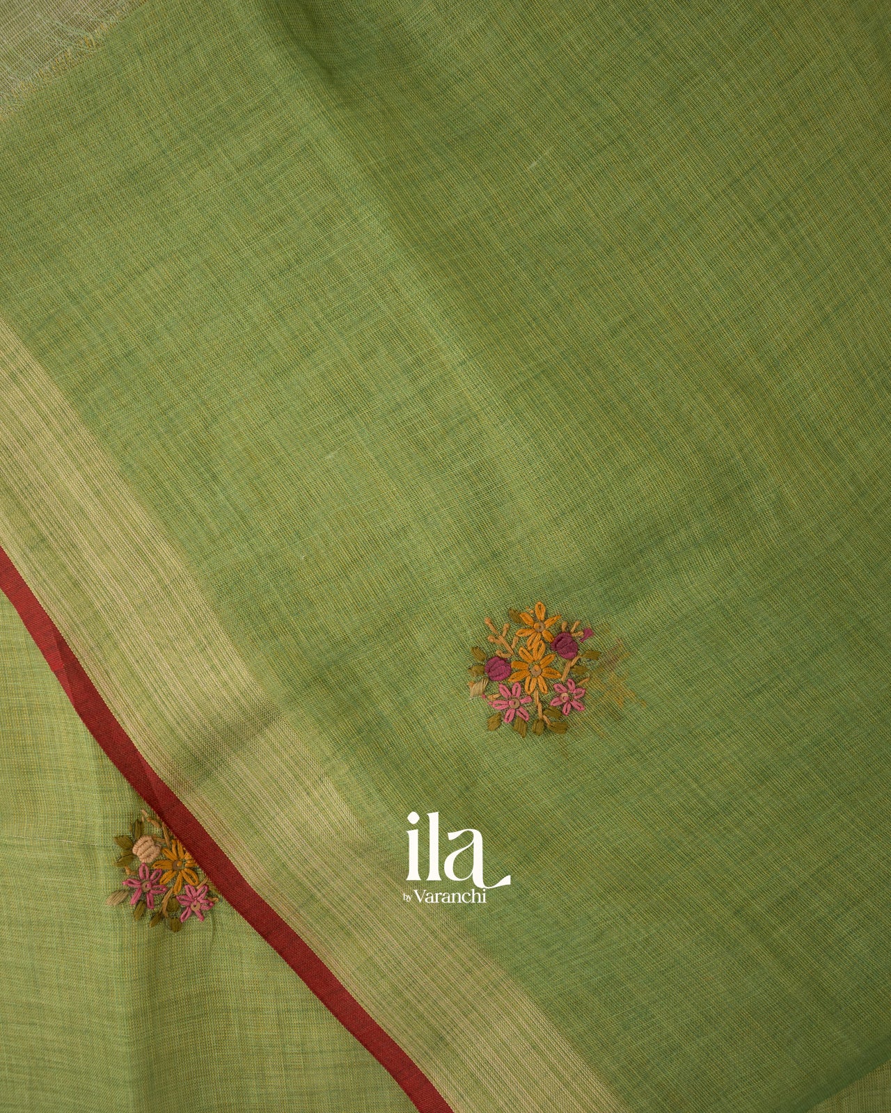 Mehandi Green French Knot Embroidered Linen Tissue Saree 