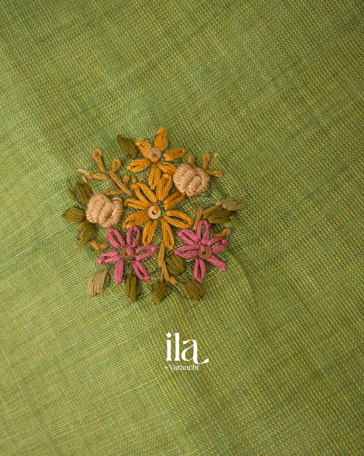 Mehandi Green French Knot Embroidered Linen Tissue Saree 