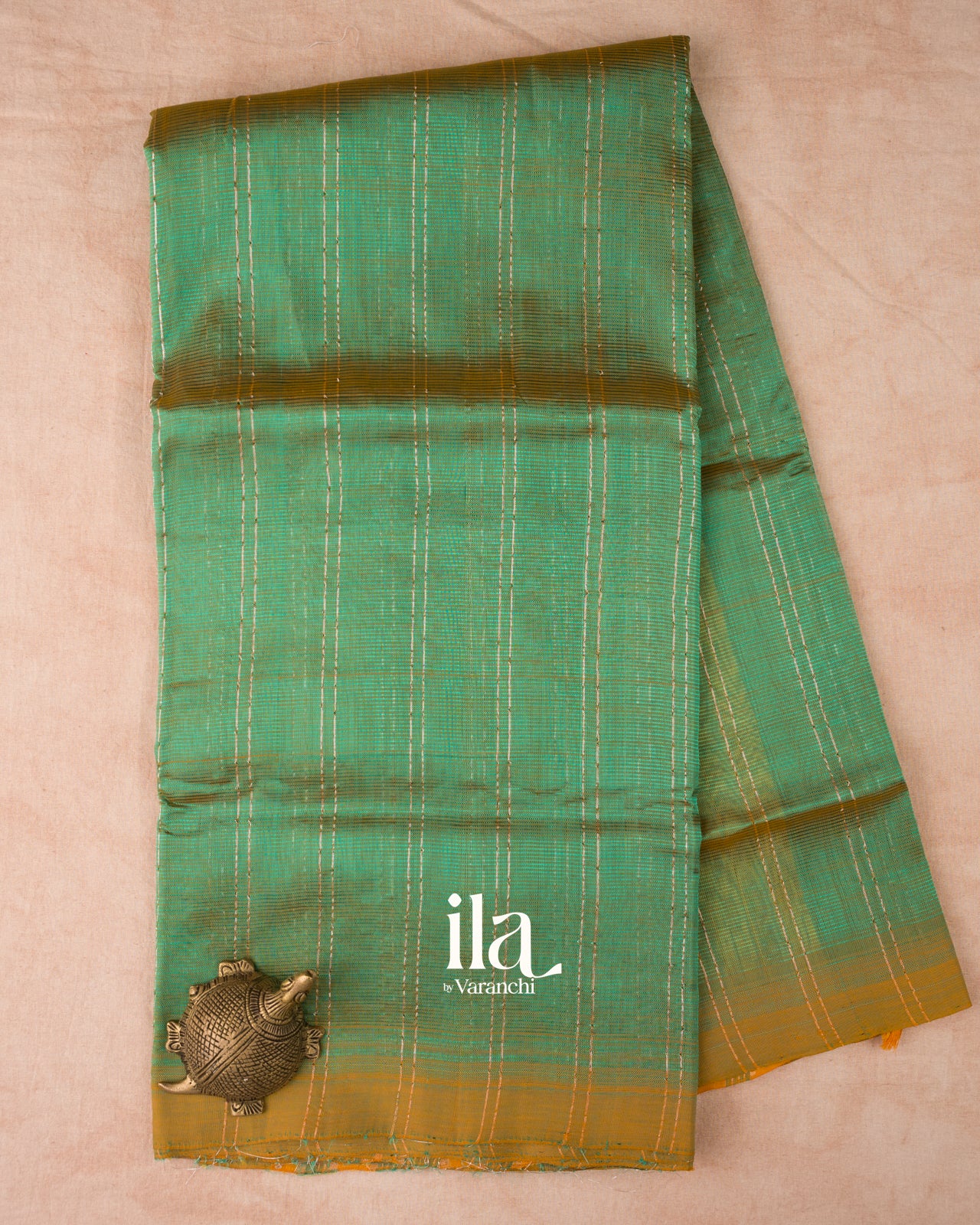 Teal Blue Striped Semi Mangalgiri Silk Cotton Saree 