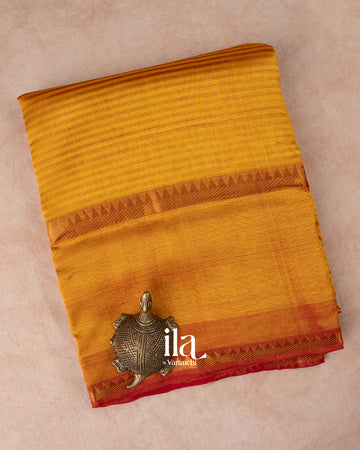 Golden Yellow Striped Semi Mangalgiri Silk Cotton Saree 