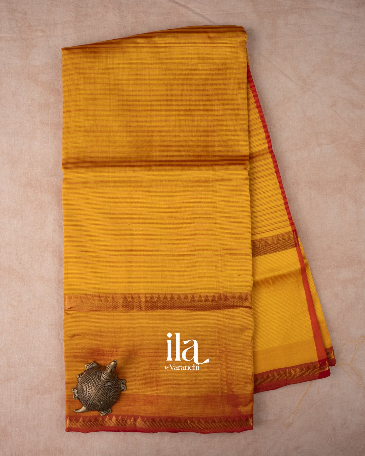 Golden Yellow Striped Semi Mangalgiri Silk Cotton Saree 