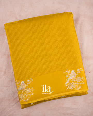 Mustard Yellow Striped Semi Satin Silk Saree