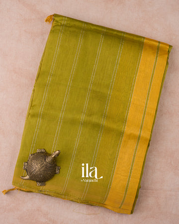 Olive Green Striped Semi Mangalgiri Silk Cotton Saree 