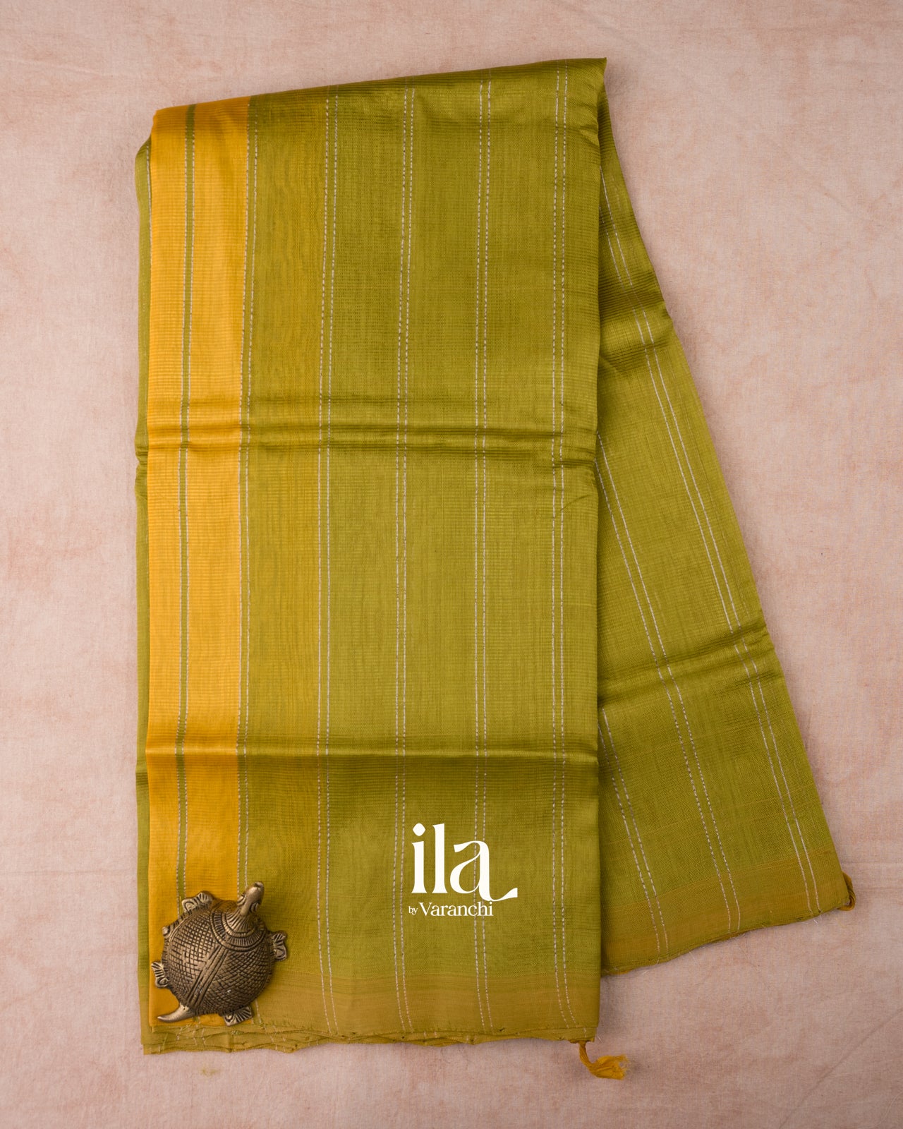 Olive Green Striped Semi Mangalgiri Silk Cotton Saree 