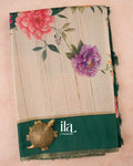 Beige With Bottle Green Digital Printed Semi Tussar Silk Saree