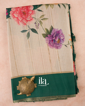 Beige With Bottle Green Digital Printed Semi Tussar Silk Saree
