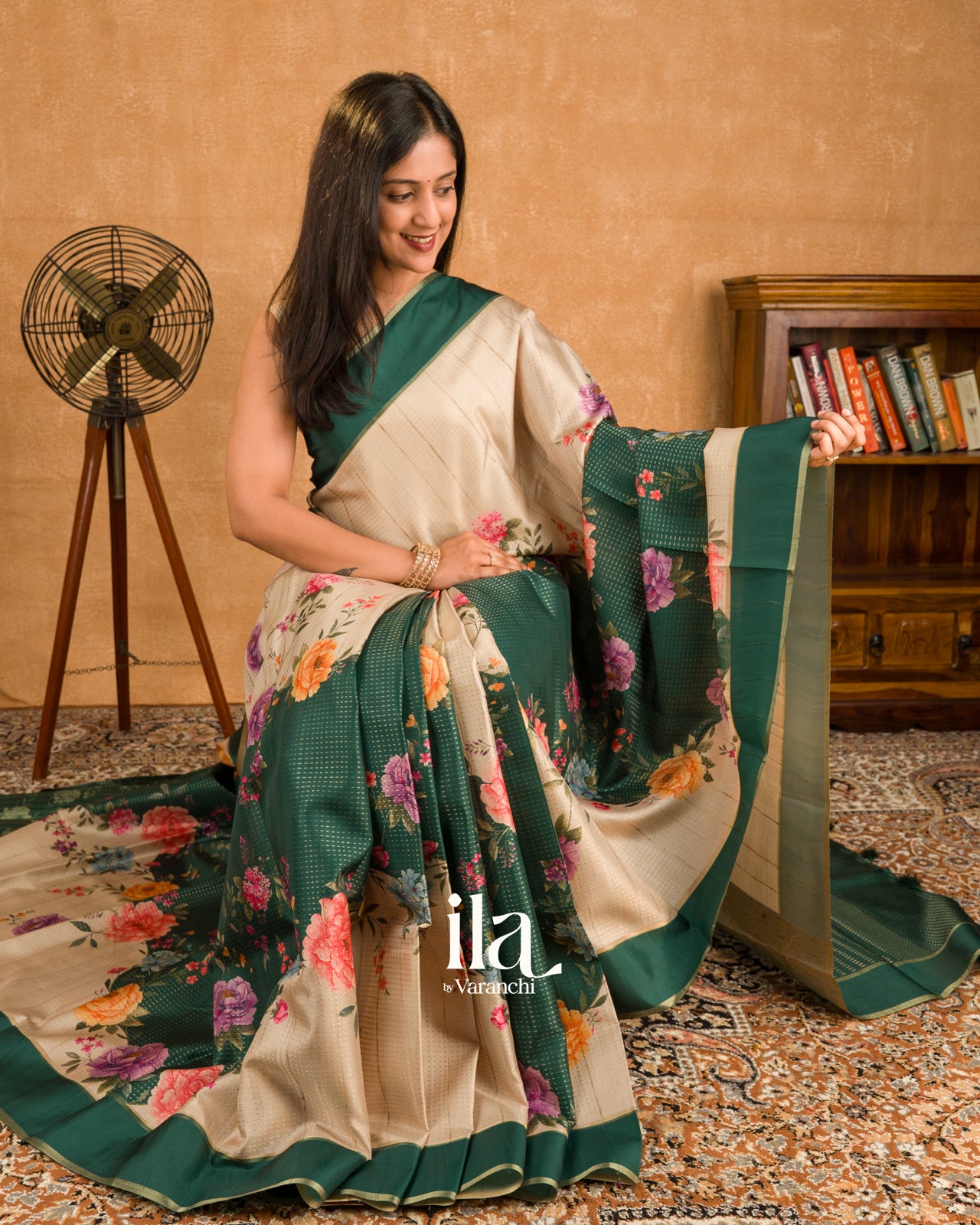 Beige With Bottle Green Digital Printed Semi Tussar Silk Saree