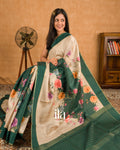 Beige With Bottle Green Digital Printed Semi Tussar Silk Saree