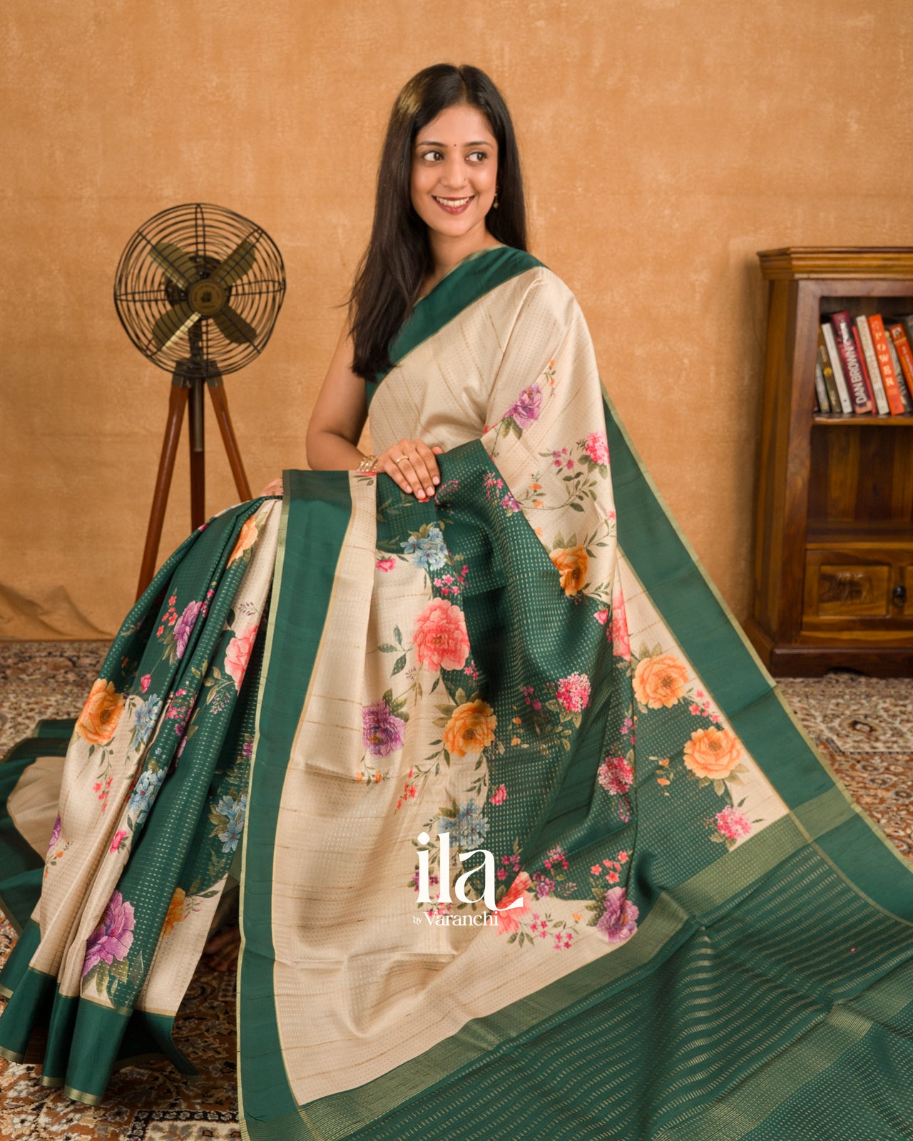 Beige With Bottle Green Digital Printed Semi Tussar Silk Saree