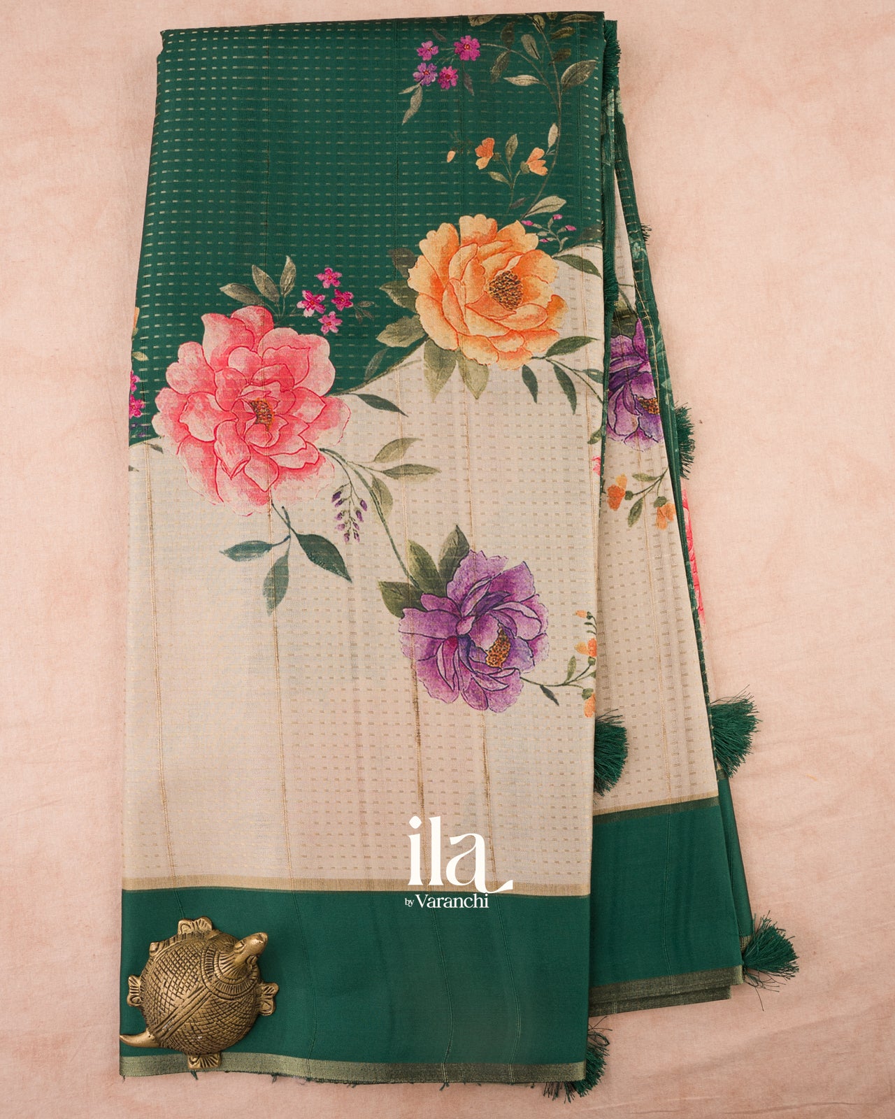 Beige With Bottle Green Digital Printed Semi Tussar Silk Saree