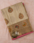 Beige with Coral Pink Border Semi Tussar Silk Saree