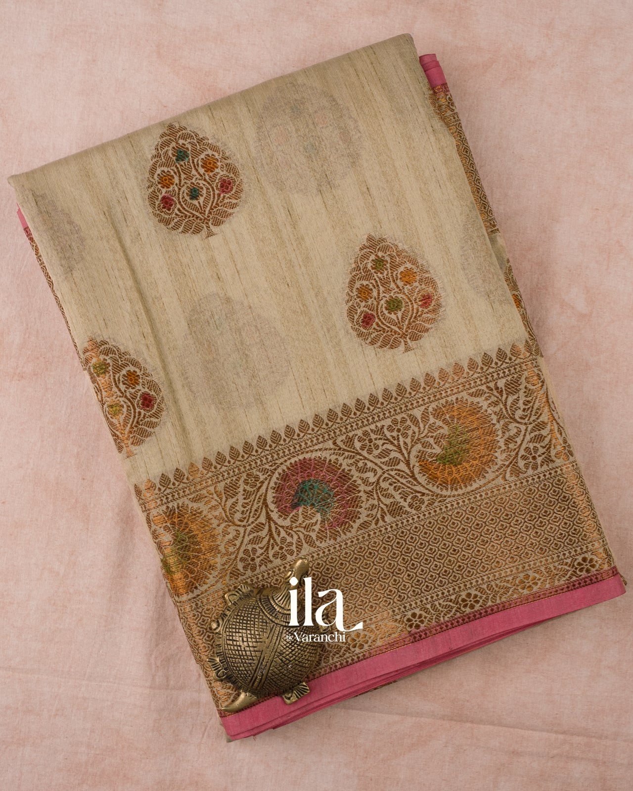 Beige with Coral Pink Border Semi Tussar Silk Saree