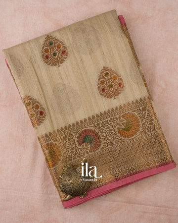 Beige with Coral Pink Border Semi Tussar Silk Saree