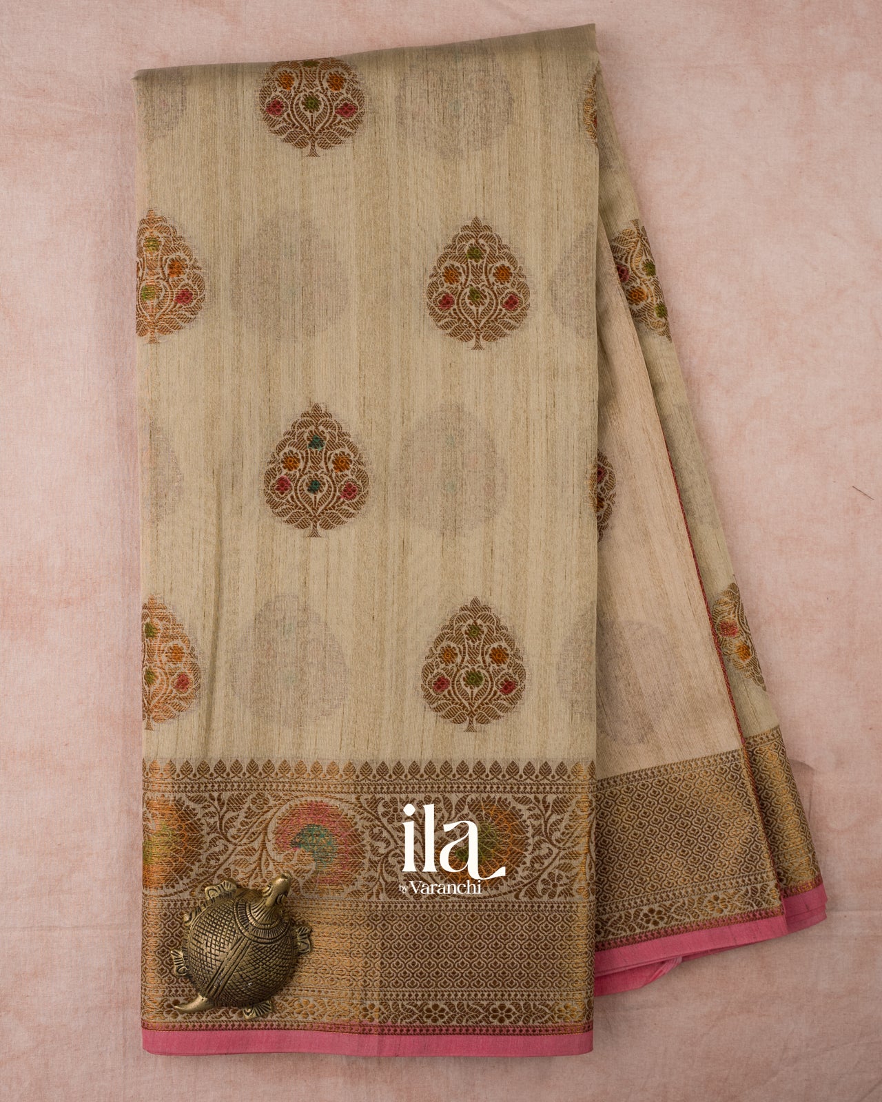 Beige with Coral Pink Border Semi Tussar Silk Saree