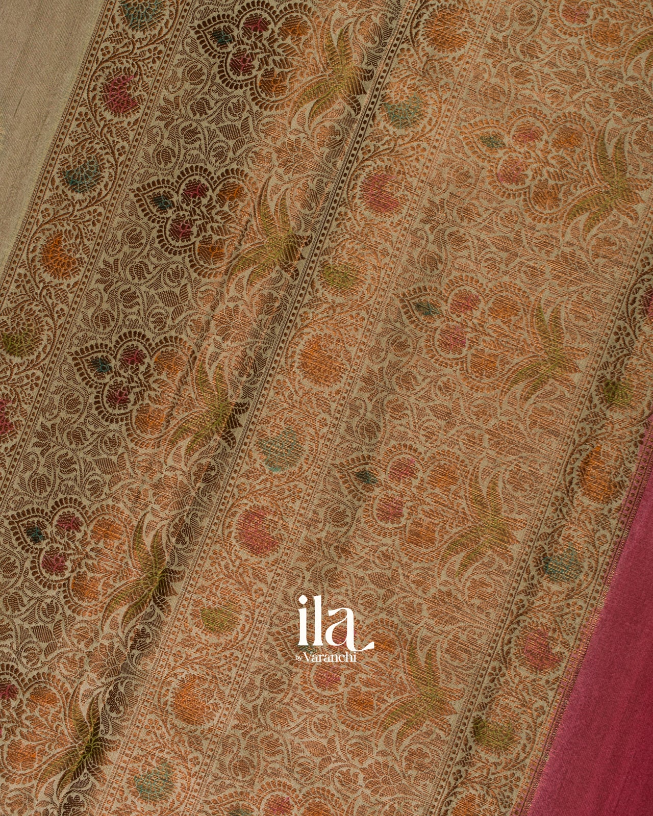 Beige with Coral Pink Border Semi Tussar Silk Saree