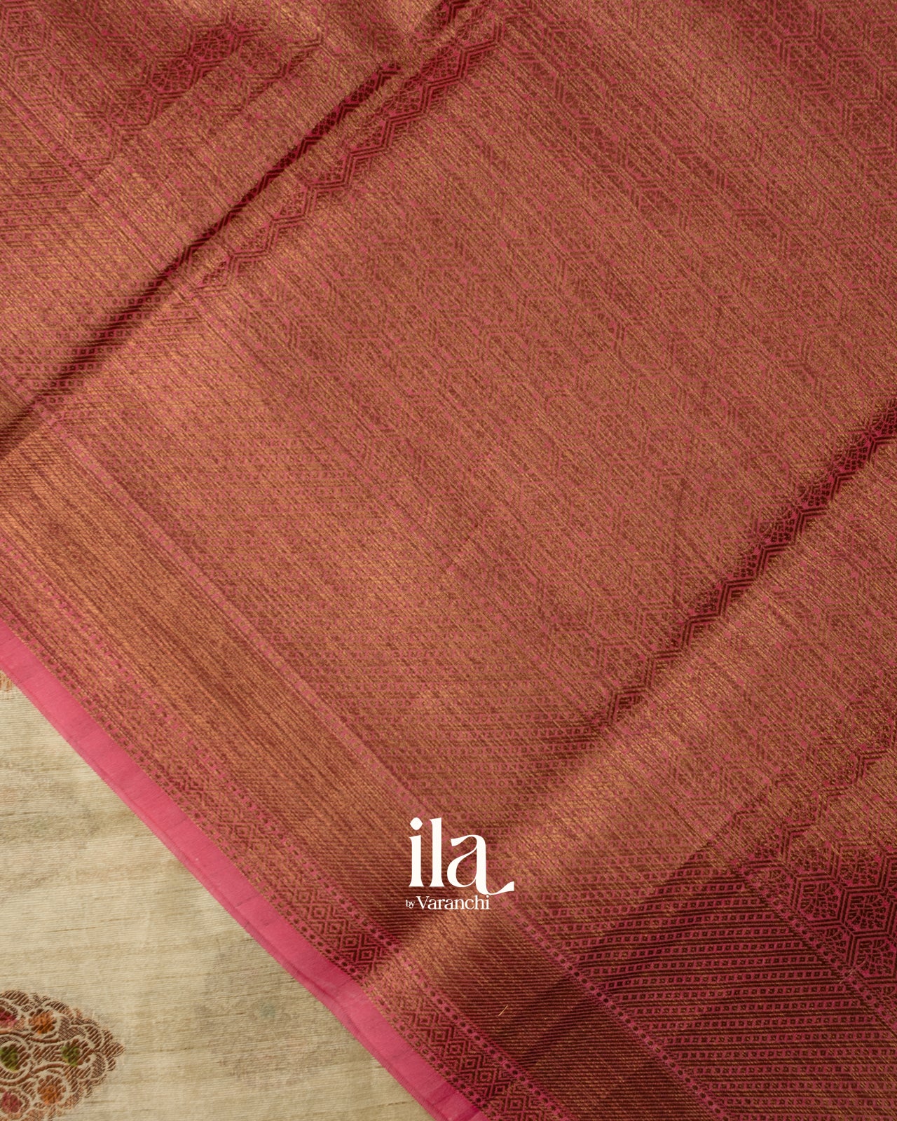 Beige with Coral Pink Border Semi Tussar Silk Saree