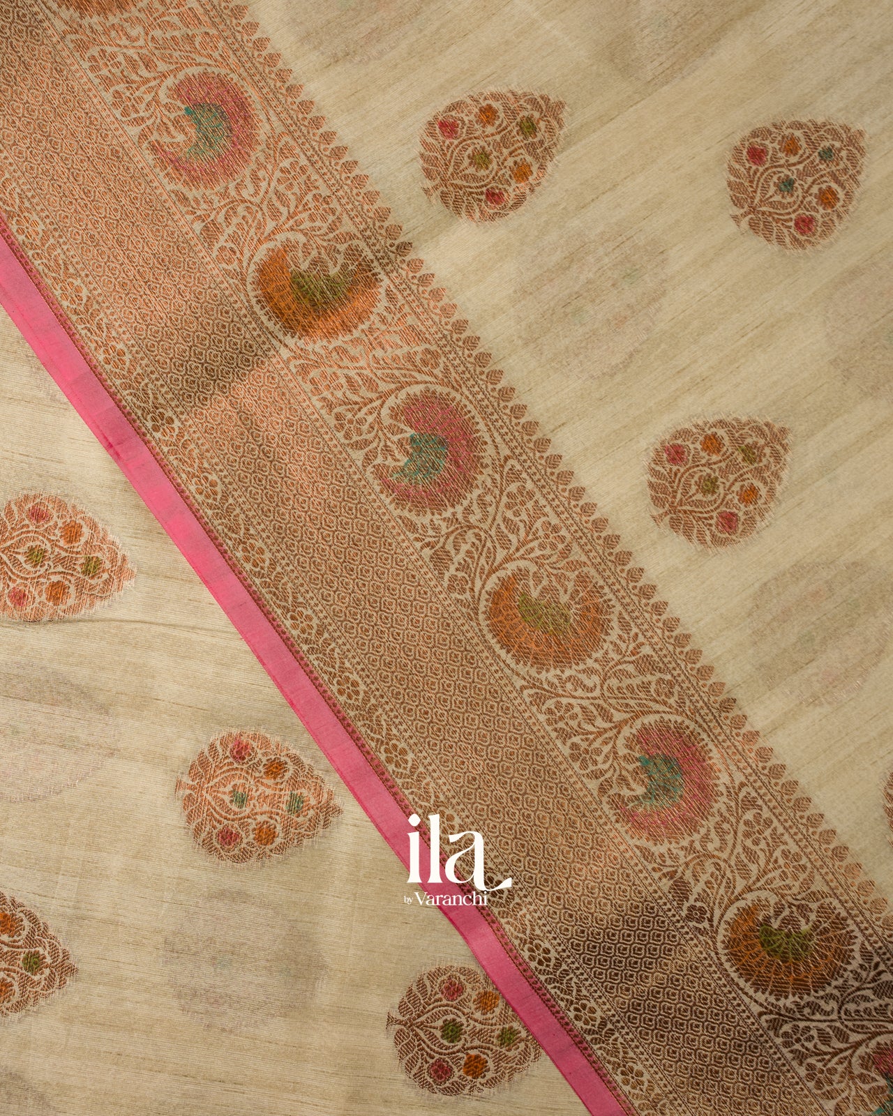 Beige with Coral Pink Border Semi Tussar Silk Saree