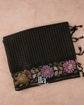 Jet Black Floral Embroidered Checkered Semi Tussar Silk Saree 