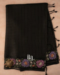 Jet Black Floral Embroidered Checkered Semi Tussar Silk Saree 
