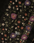 Jet Black Floral Embroidered Checkered Semi Tussar Silk Saree 