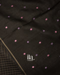 Jet Black Floral Embroidered Checkered Semi Tussar Silk Saree 