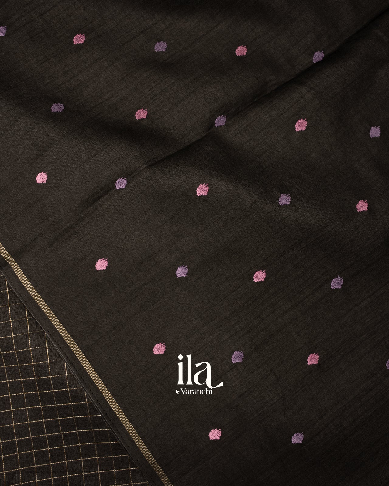 Jet Black Floral Embroidered Checkered Semi Tussar Silk Saree 
