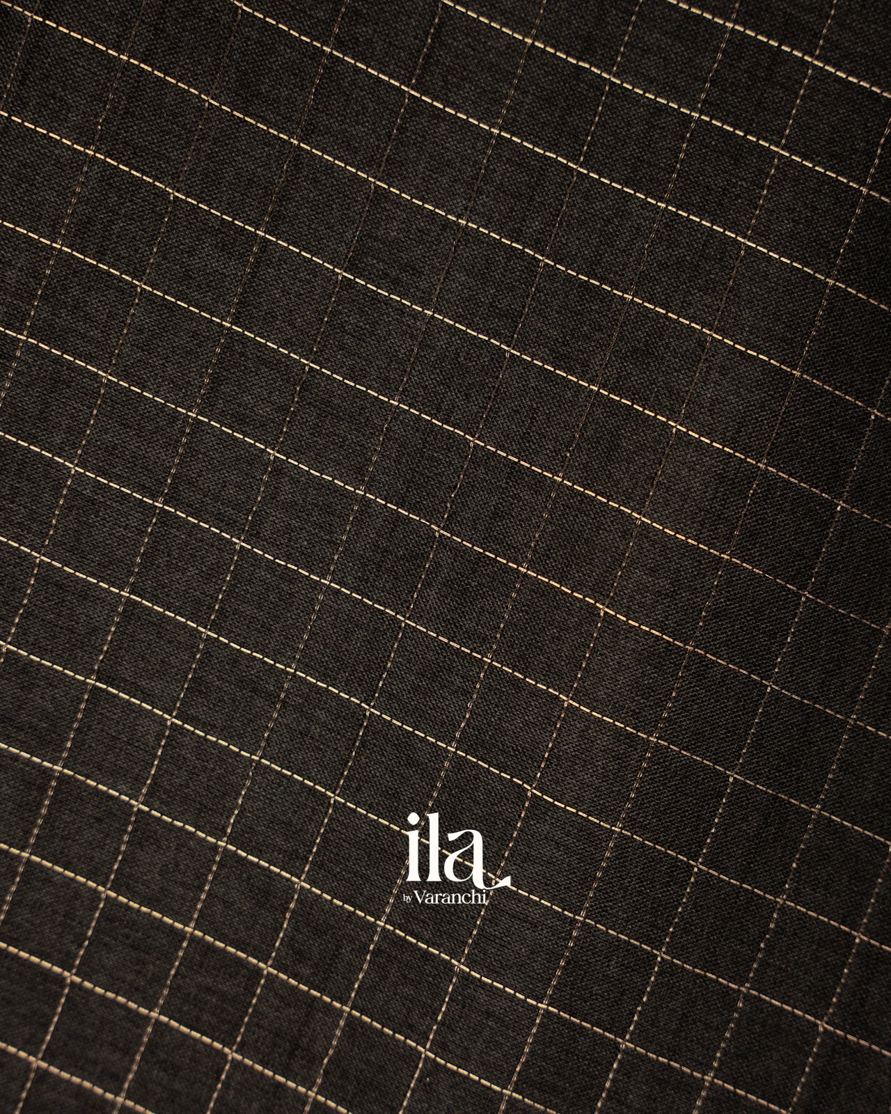 Jet Black Floral Embroidered Checkered Semi Tussar Silk Saree 