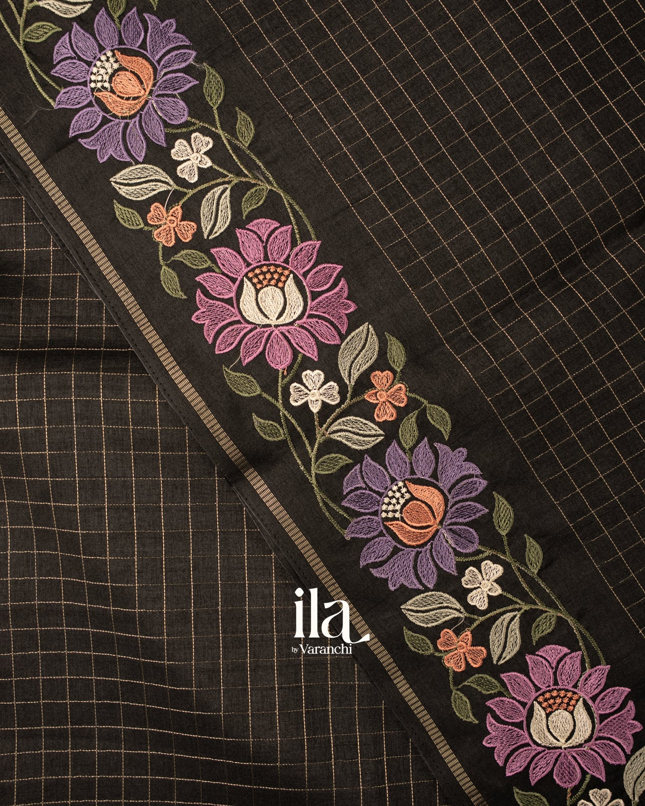 Jet Black Floral Embroidered Checkered Semi Tussar Silk Saree 