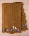 Mustard Yellow Floral Embroidered Checkered Semi Tussar Silk Saree 