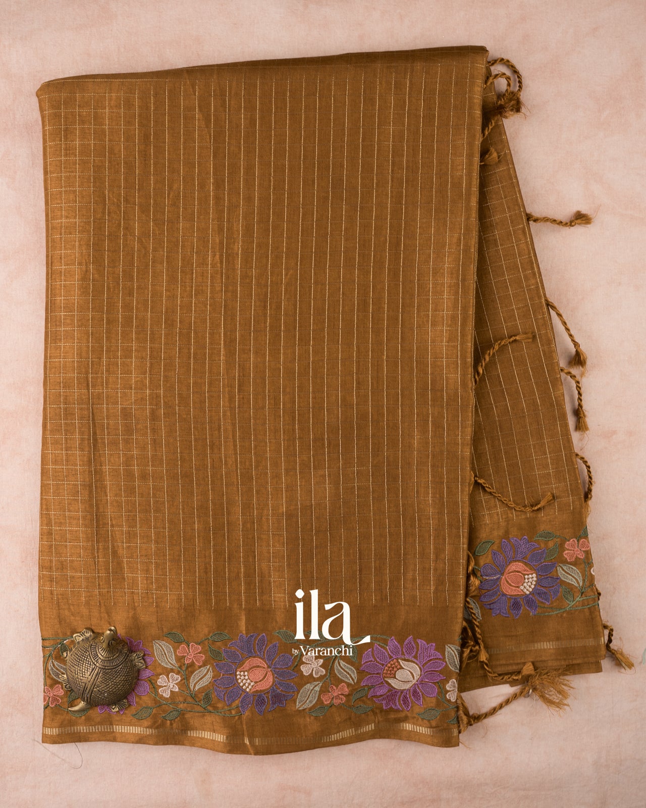 Mustard Yellow Floral Embroidered Checkered Semi Tussar Silk Saree 