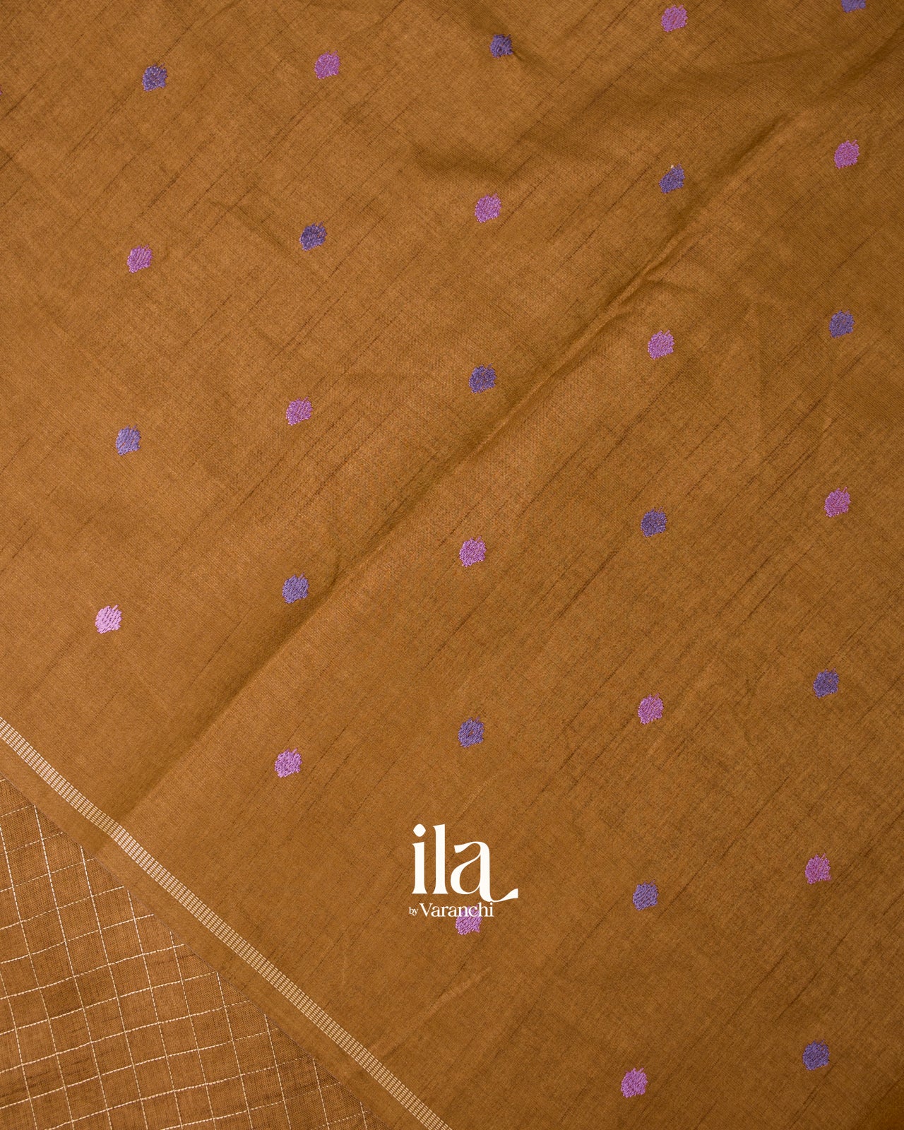 Mustard Yellow Floral Embroidered Checkered Semi Tussar Silk Saree 