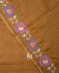 Mustard Yellow Floral Embroidered Checkered Semi Tussar Silk Saree 